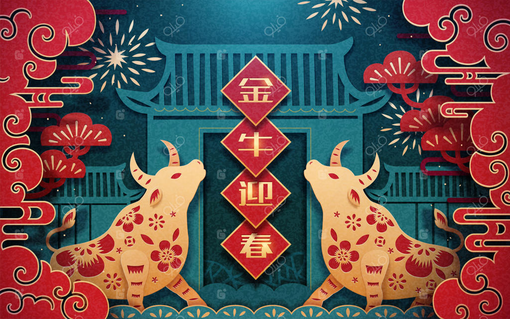 کارت تبریک سال نو چینی با برش کاغذی گاو