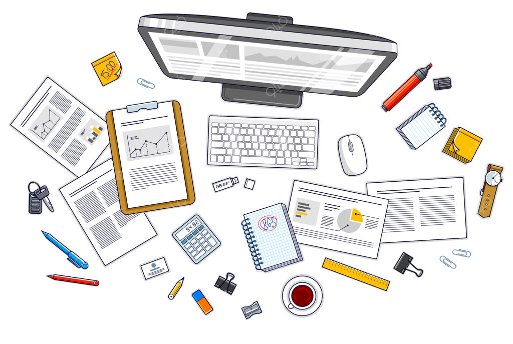 نمای میز کار از بالا: رایانه شخصی، مقالات تحلیلی با نمودارها و داده‌ها و لوازم اداری روی میز. تمامی عناصر به‌راحتی به‌صورت جداگانه یا ترکیبی قابل استفاده هستند. وکتور.