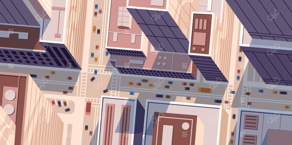 نمای بالا یا چشم‌انداز شهر با آسمان‌خراش‌های مدرن. ساختارهای شهری با ترافیک حمل و نقل عمومی در خیابان. مرکز شهری در روز. تصویرسازی کارتونی افقی.