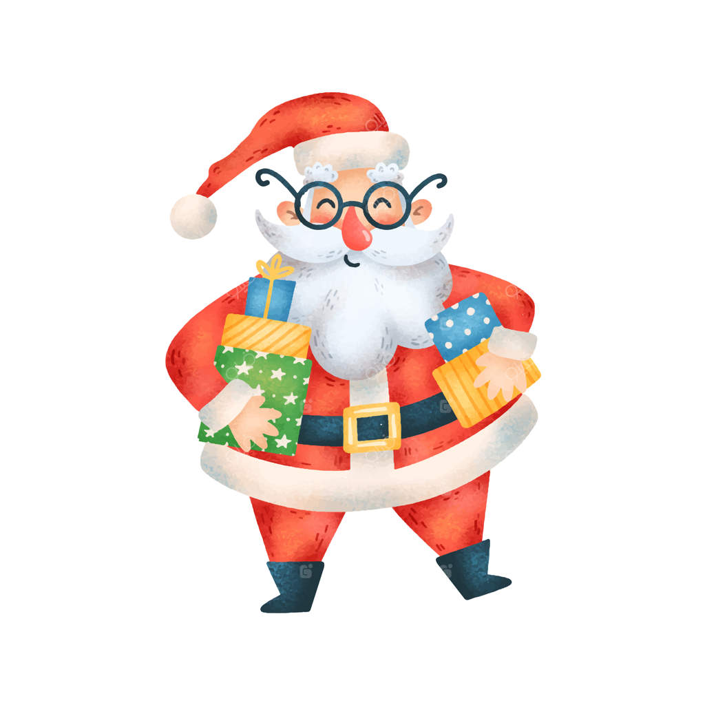 تصویر کارتونی بامزه بابانوئل با هدایای کریسمس روی پس‌زمینه سفید