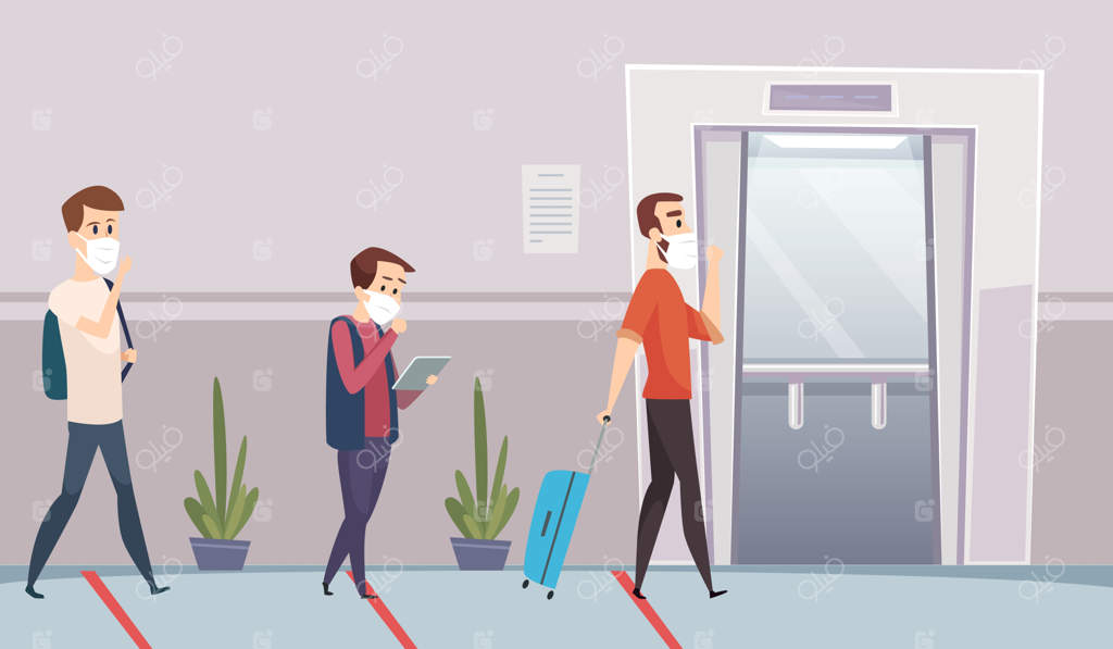 رعایت فاصله اجتماعی در مکان‌های عمومی: محافظت شخصی در آسانسور، حفظ فاصله. انتظار مردم برای آسانسور با ماسک محافظتی. پیشگیری و حفظ فاصله در مکان‌های عمومی.