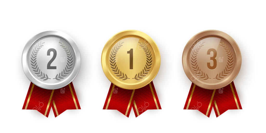 مدال‌های طلا، نقره و برنز با روبان قرمز روی پس‌زمینه سفید