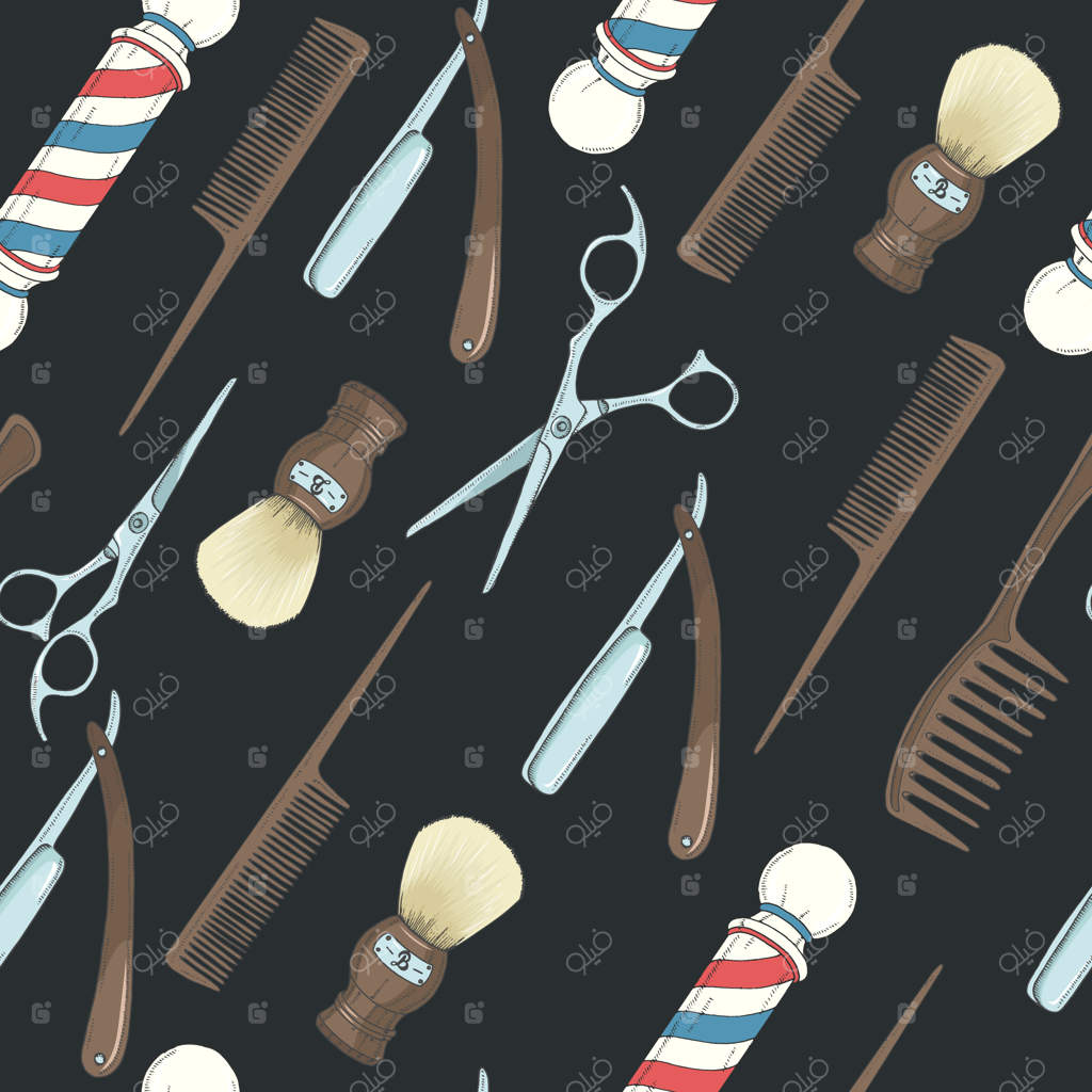 طرح یکپارچه آرایشگاه با نقش‌های دستی و رنگی تیغ، قیچی، برس اصلاح، شانه و ستون کلاسیک آرایشگری روی زمینه سیاه.
