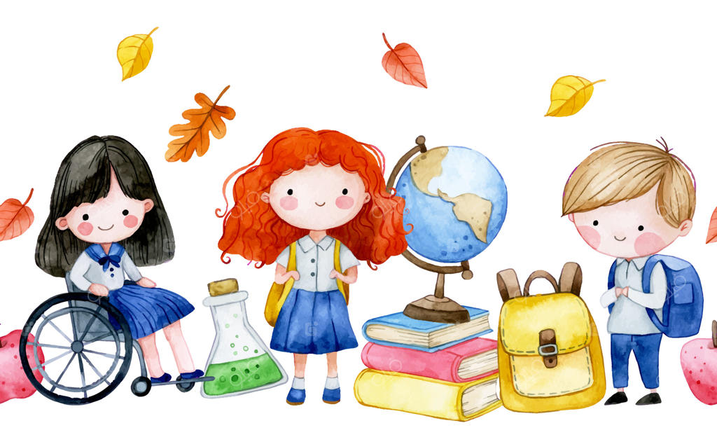 حاشیه آبرنگی زیبا با بچه‌ها و لوازم‌التحریر مدرسه - بنر بی‌پایان با موضوع بازگشت به مدرسه