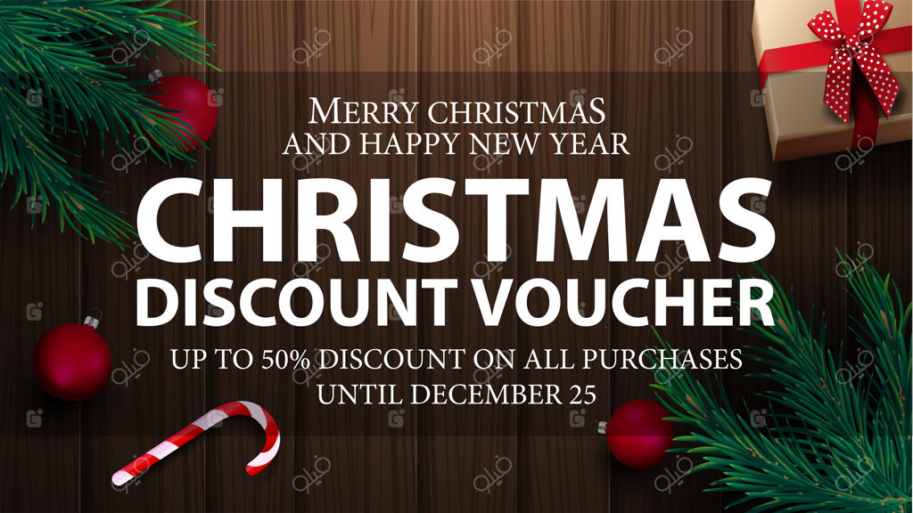 بن تخفیف کریسمس، تا ۵۰ درصد تخفیف برای تمام خریدها. نمای بالا از بن تخفیف کریسمس