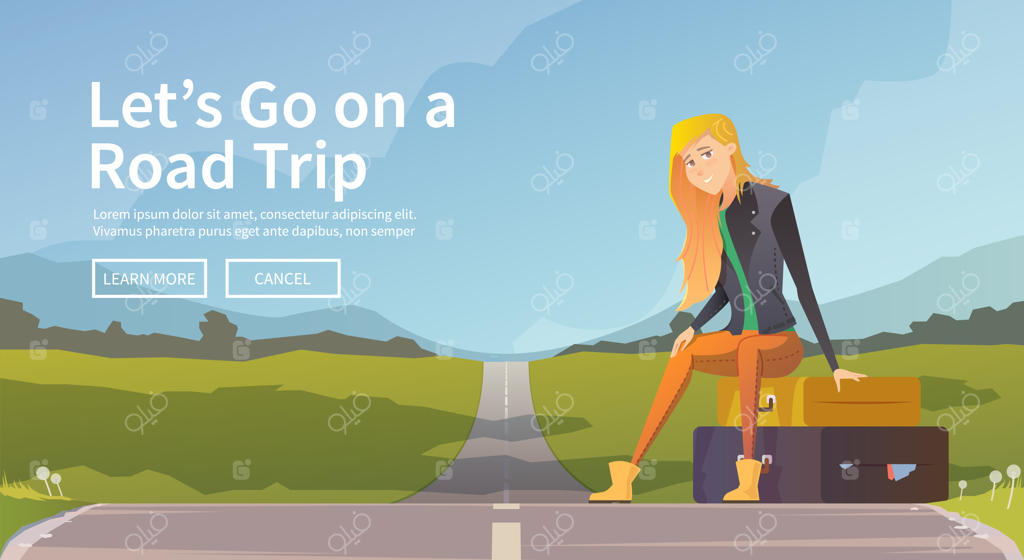 زنی نشسته بر روی چمدان‌ها در کنار جاده؛ دختری جوان در حال سفر و ماجراجویی