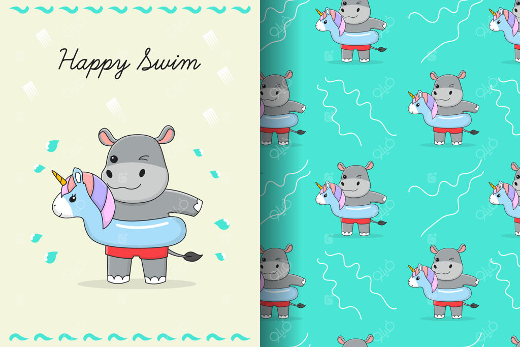 الگوی یکپارچه و کارت اسب آبی بامزه با حلقه شنای تک‌شاخ آبی