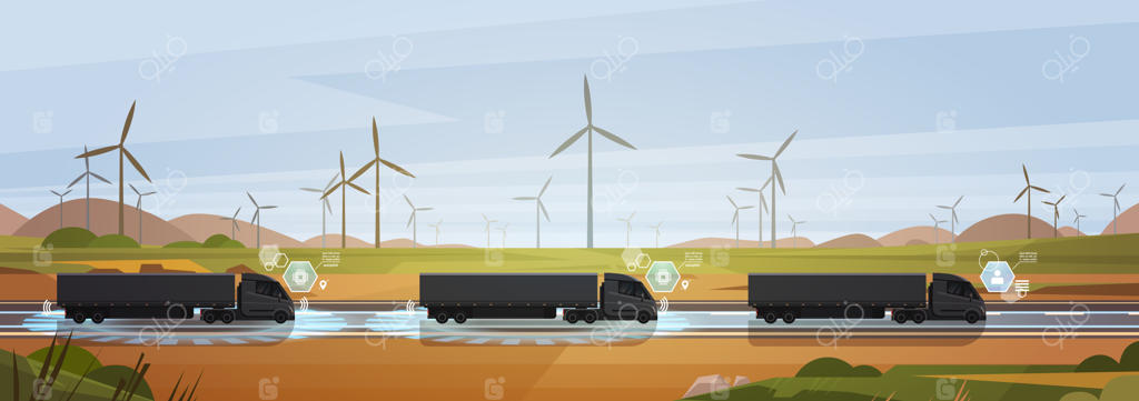 کاروان کامیون‌های سیاه با تریلر در حال حرکت در جاده روستایی در دل طبیعت