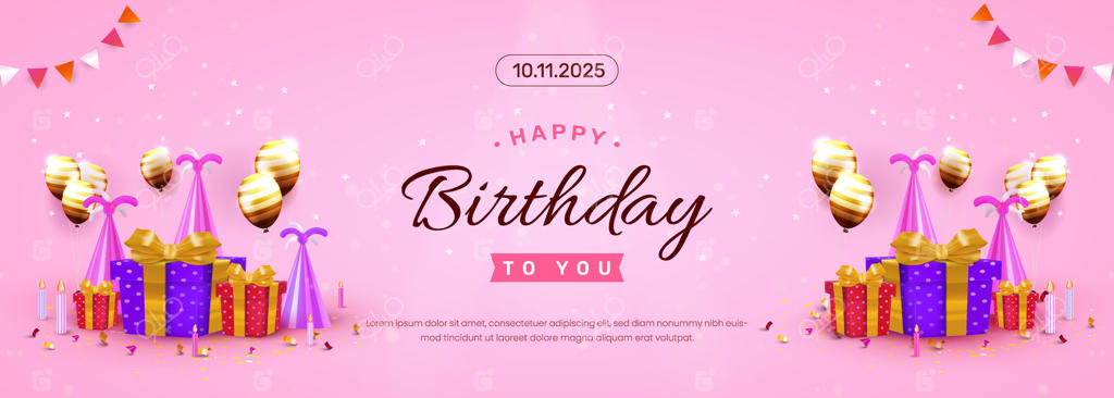 بنر تولد رنگارنگ با جعبه‌های هدیه و بادکنک‌های طلایی