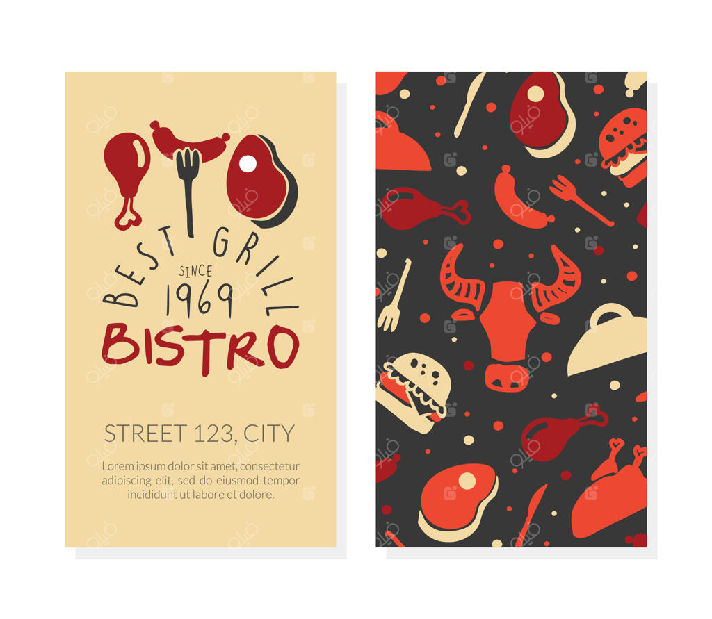 بهترین الگوی کارت ویزیت بیزینس بیسترو و گریل، خانه باربیکیو داغ، پوستر رستوران، دعوتنامه، بروشور، طراحی تبلیغاتی با تصویرسازی کارتونی