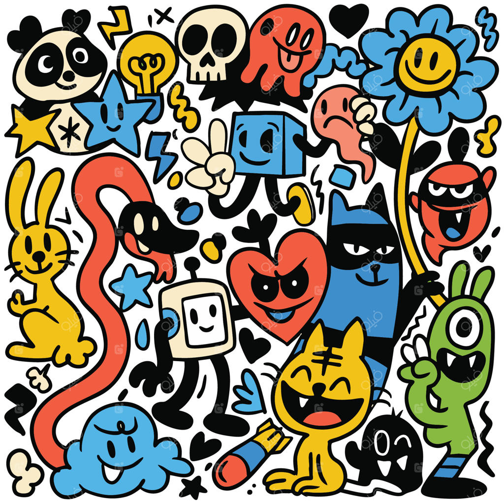 هیولای شاداب رنگارنگ، حیوان کارتونی، گل، قلب و ستاره با بیان بازیگوشانه و خوشحال