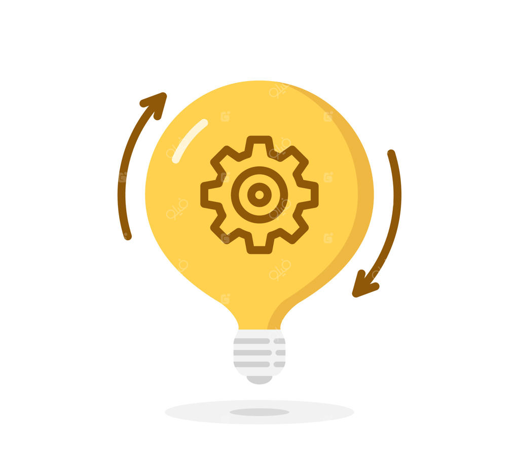 نماد لامپ با چرخ‌دنده و فلش‌های دایره‌ای، مفهوم ایده یا نوآوری