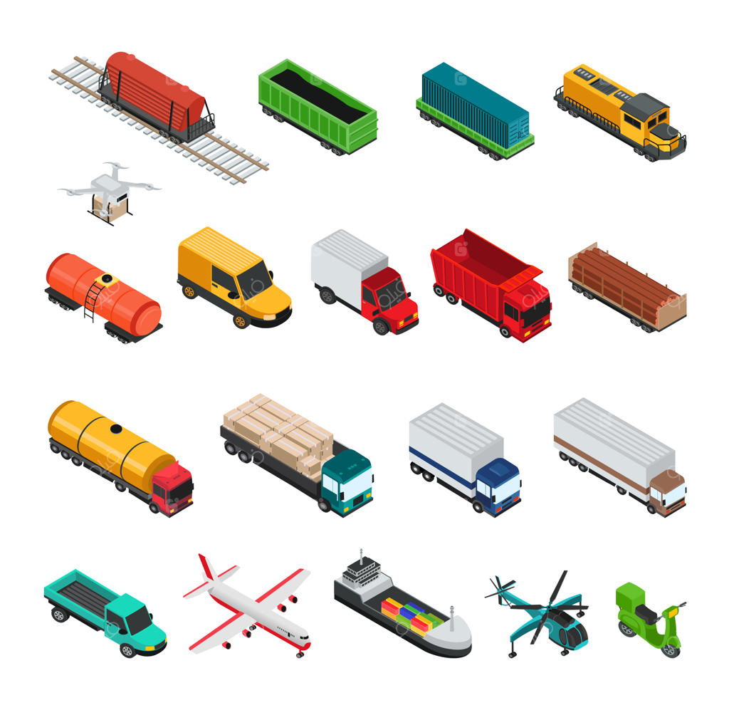 وکتور ایزومتریک وسایل نقلیه تحویل کالا در پس‌زمینه سفید