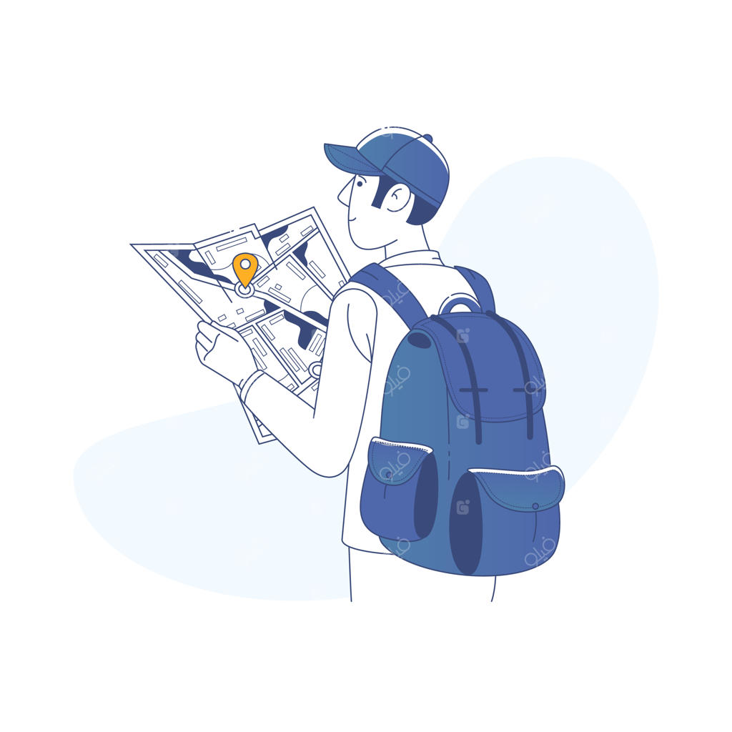 پسر گردشگر با کوله‌پشتی در حال نگاه کردن به نقشه در یک شهر بزرگ