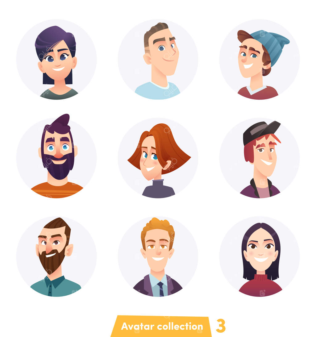 مجموعه‌ای از آواتارهای افراد - چهره‌های مردان و زنان در قاب گرد - مجموعه‌ای از پرتره‌های کارتونی متفاوت