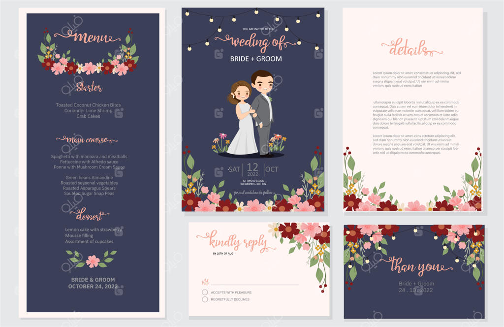 طراحی کارت دعوت عروسی، منو، پاسخ‌نامه‌، کارت تشکر و یادآوری تاریخ
