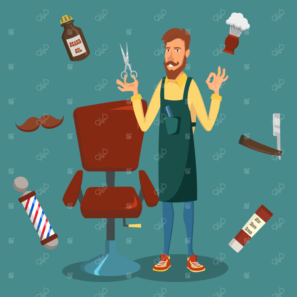 وکتور بامزه آرایشگر. کاریکاتور آرایشگر شاد هیپستر. آرایشگر حرفه‌ای آماده برای اصلاح موی مدرن. تصویر ایزوله شده.