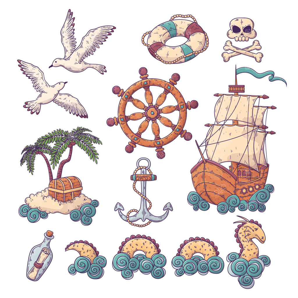 مجموعه‌ای از عناصر دست‌کشیده برای نقشه جهان قدیمی.