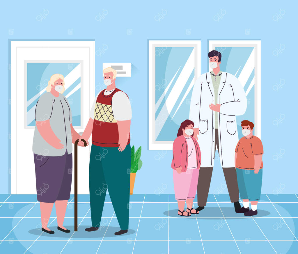 پزشک مرد، سالمندان و کودکان با ماسک