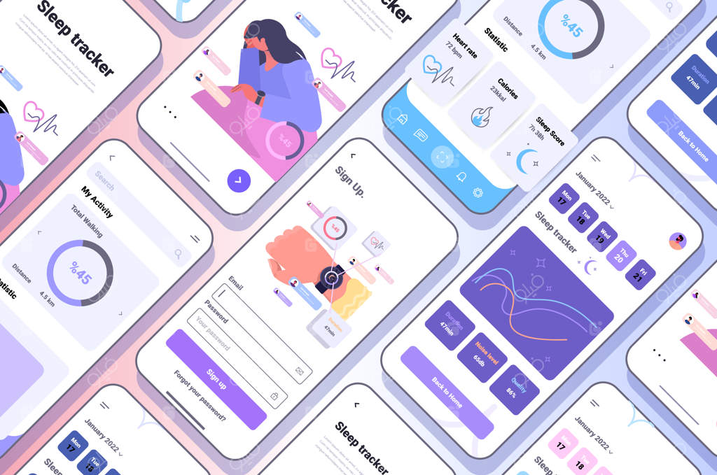 مفهوم کنترل کیفیت و کمیت خواب با اپلیکیشن ساعت هوشمند الکترونیکی بر روی صفحه گوشی هوشمند - تصویر برداری افقی