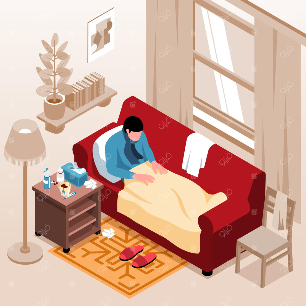 ترکیب ایزومتریک سرماخوردگی با صحنه خانه و بیمار در حال استراحت روی مبل همراه با داروها