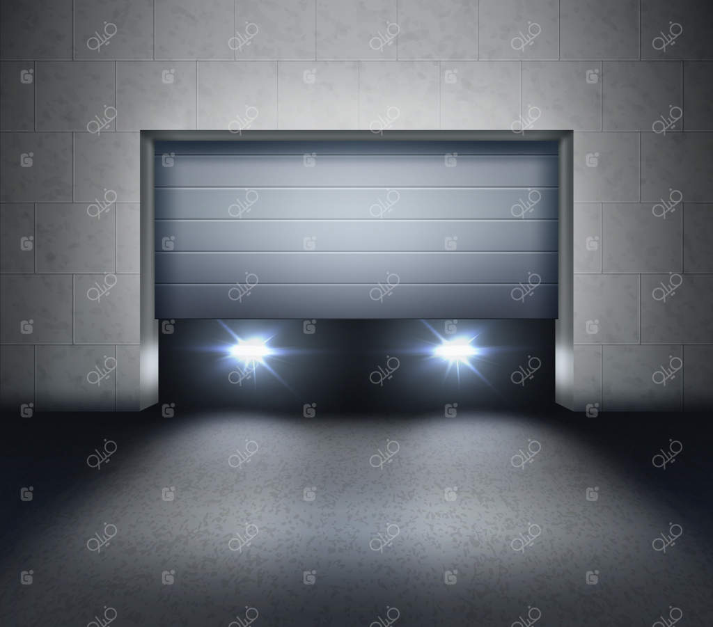 باز کردن شاتر و چراغ‌های ماشین درون گاراژ و نور روی آسفالت