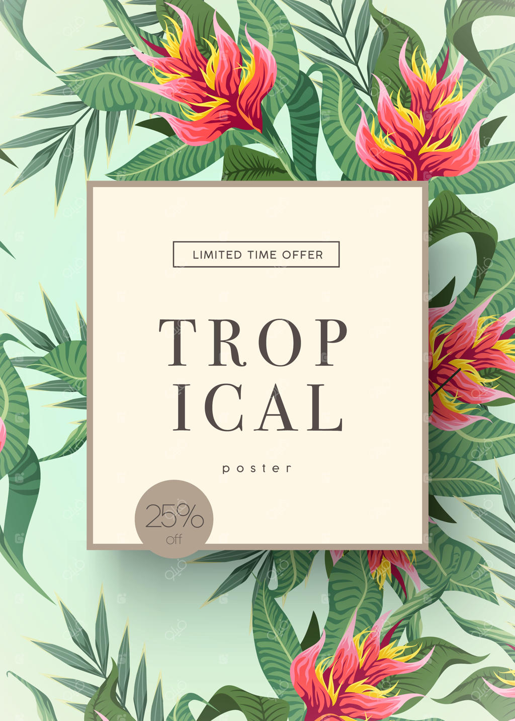 پس‌زمینه‌ای روشن با گیاهان جنگلی و طرح استوایی از برگ‌های گرمسیری