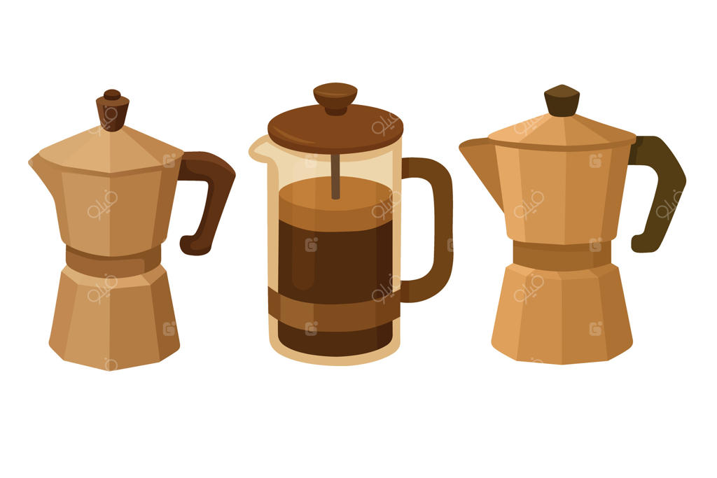 مجموعه قهوه‌سازها، شامل موکاپات و فرنچ پرس، کلیپ‌آرت دنج برای تم‌های کافه‌ای.