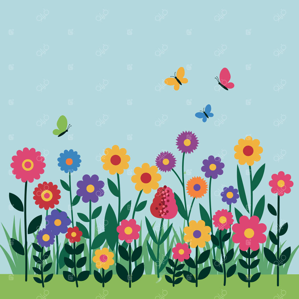 گل‌های رنگارنگ در باغی پُرنشاط با پروانه‌ها در یک تصویر تخت