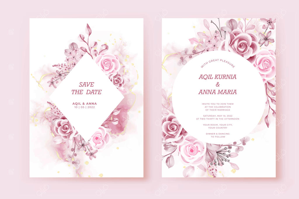 قالب کارت دعوت عروسی با طراحی گل رز سفید و صورتی لوکس