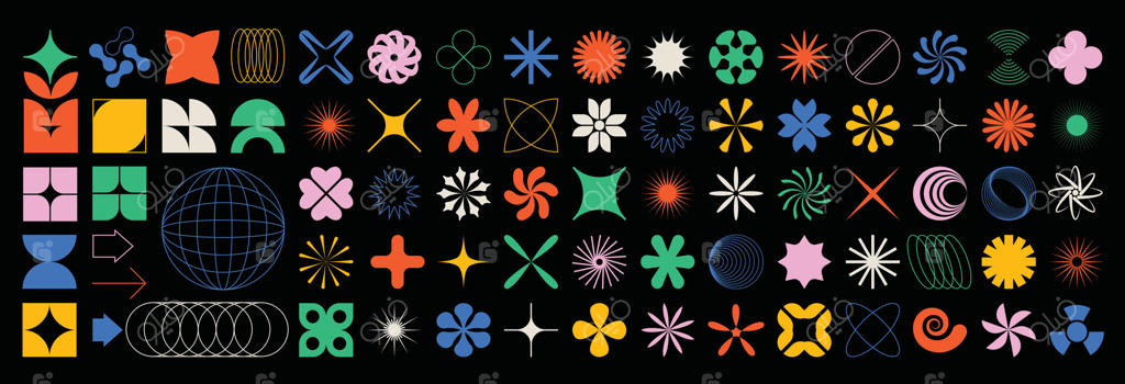 مجموعه اشکال انتزاعی بروتالیسم؛ فرم‌های هندسی رنگارنگ شامل دایره، طرح‌های گیاهی، نماد، ستاره، باوهاوس و سایر عناصر مینیمالیست اولیه. وکتور اشکال مدرن و سیلوئت آیکون‌ها