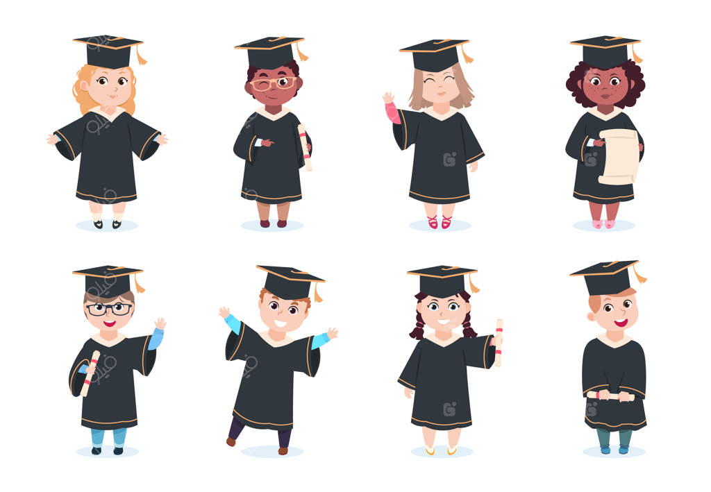 فارغ التحصیل شدن کودکان مهدکودک: کاراکترهای کارتونی با کلاه و دیپلم فارغ التحصیلی