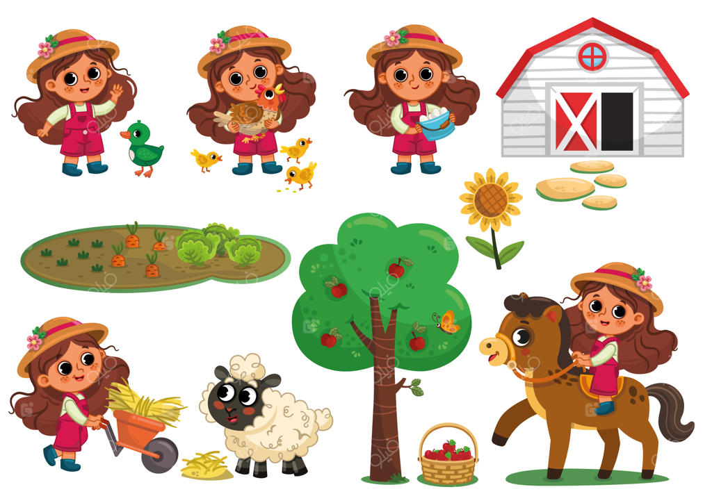 مجموعه شخصیت دختر کشاورز و حیوانات در پس‌زمینه سفید وکتور ایلاستریشن