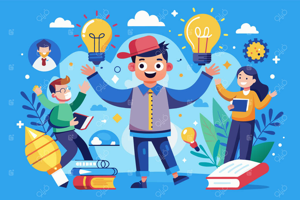 تصویری از دانش‌آموز شاد که با لامپ‌ها و کتاب‌ها احاطه شده و نشان‌دهنده اشتیاق او برای یادگیری و ایده‌های نو است