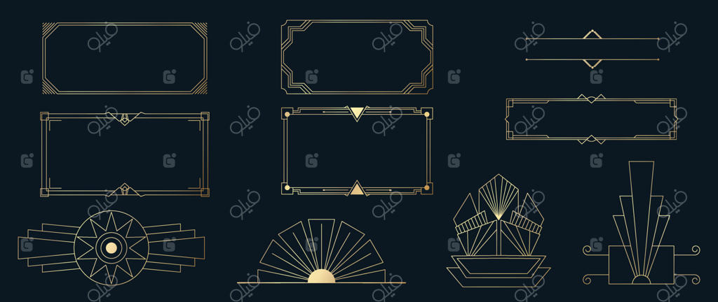 مجموعه‌ای از تزئینات هندسی آرت دکو: عناصر تزئینی طلایی لوکس به سبک کلاسیک با خطوط، قاب‌ها، سرصفحه‌ها و بنرهای متفاوت. مجموعه‌ای از طرح‌های شیک مناسب برای کارت، دعوت‌نامه و پوستر.