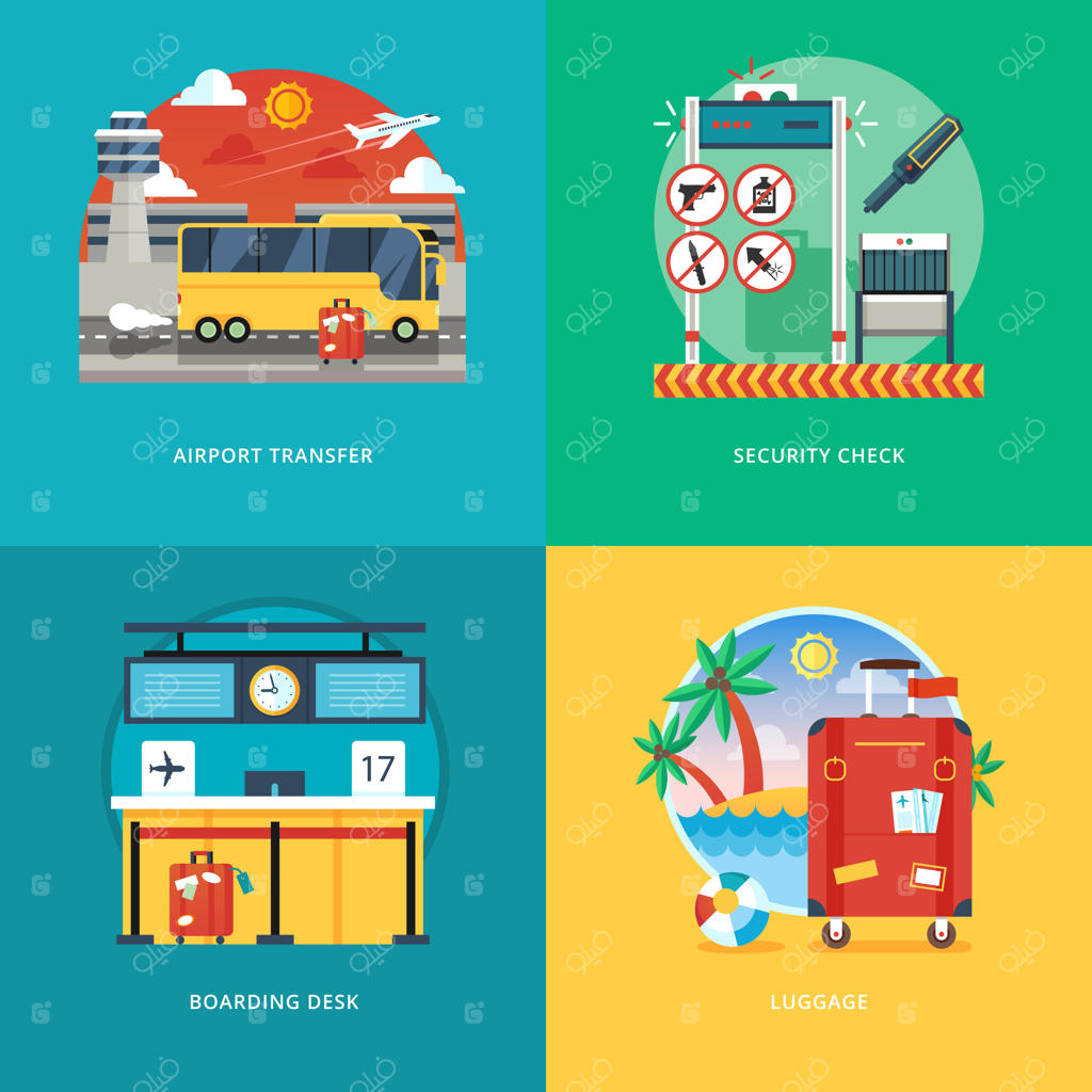 مجموعه‌ای از مفاهیم تصویری برای انتقال فرودگاهی، بررسی امنیتی، میز سوار شدن، خدمات چمدان. سفر هوایی و گردشگری. مفاهیم مناسب برای بنر وب و مواد تبلیغاتی.