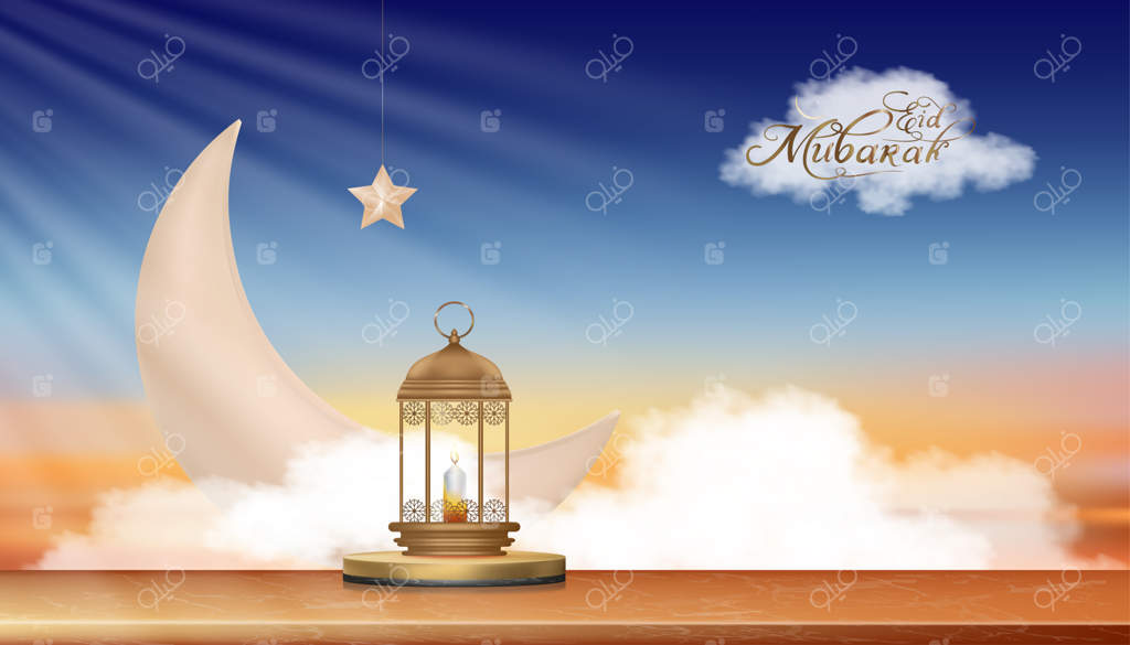 تریبون اسلامی با ماه هلالی، فانوس سنتی اسلامی و خوشنویسی عید مبارک.