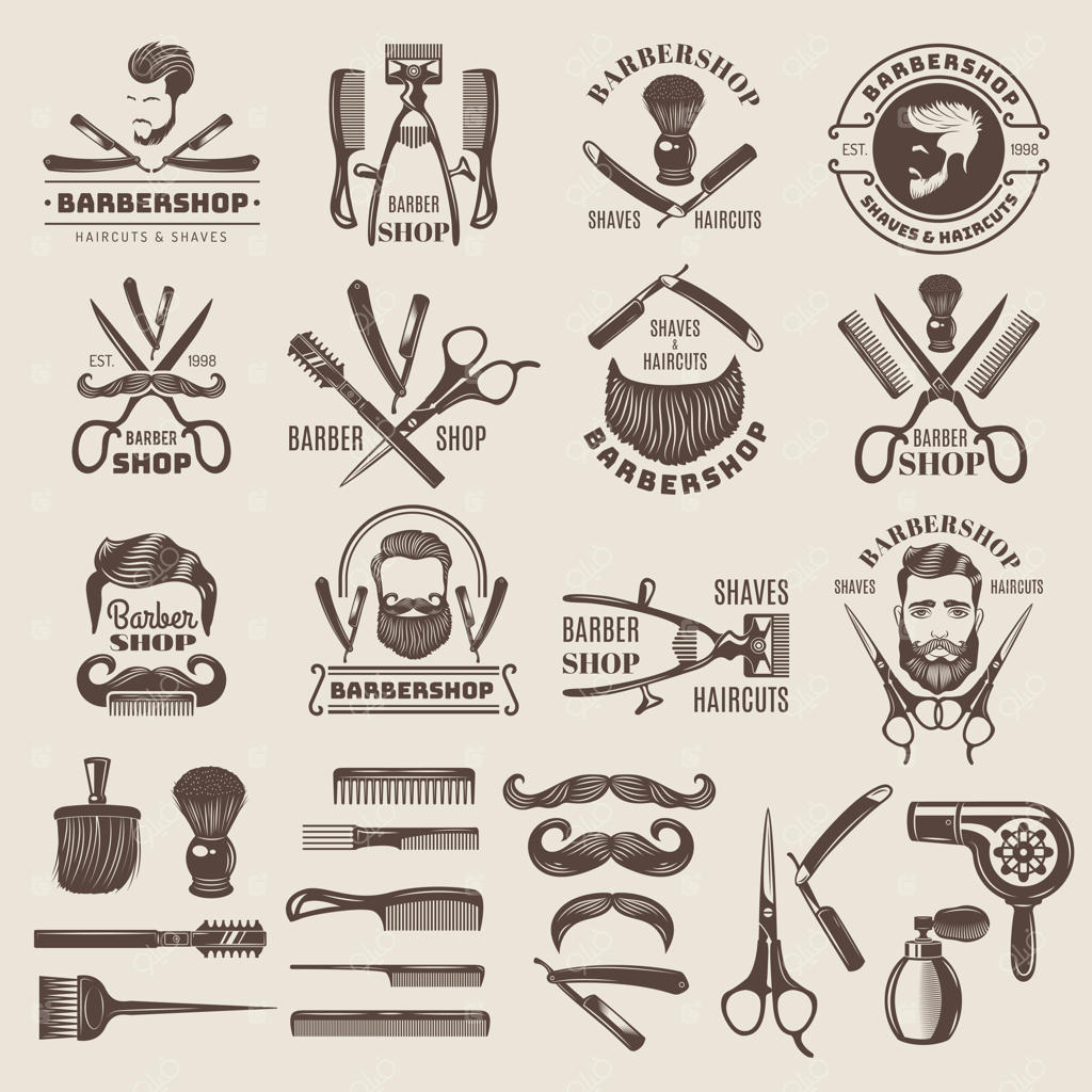 نشان‌های آرایشگاه مردانه. لوگوهای وکتور جدید شامل قیچی، شانه، برس، تیغ و سشوار برای آرایشگاه. المان‌های وینتیج آرایشگاهی و تصویرسازی ریش و سبیل.
