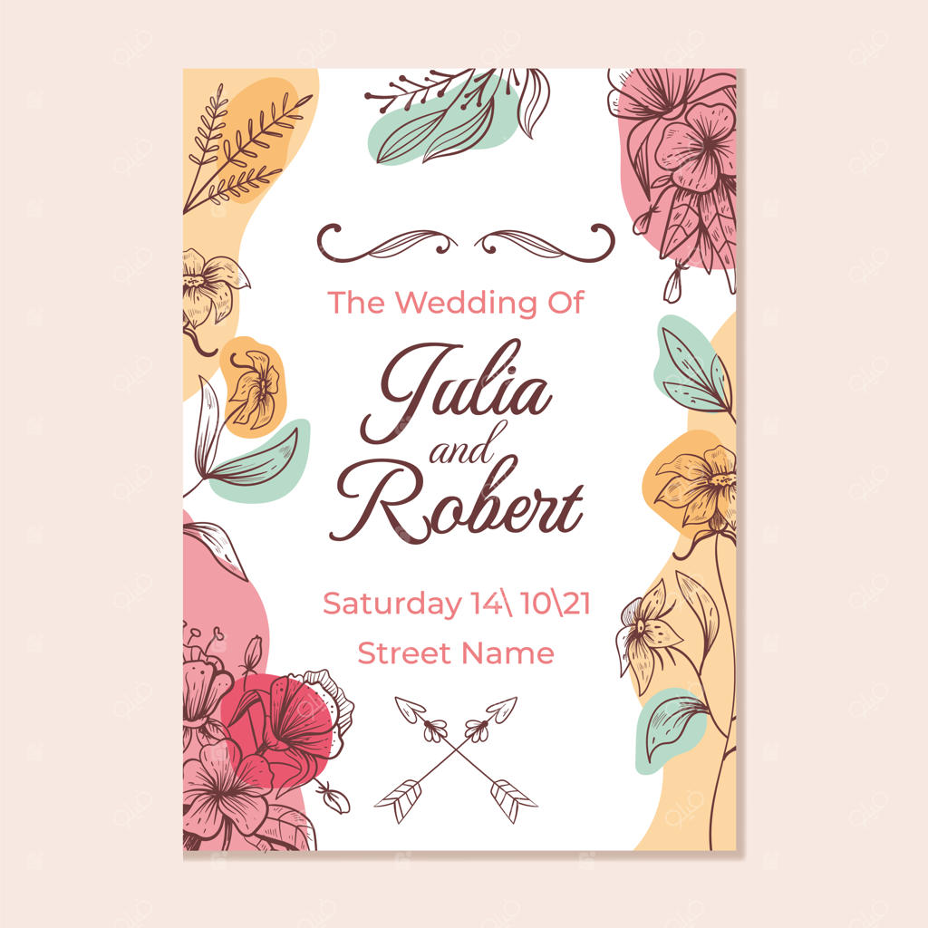 الگوی دعوت‌نامه عروسی با طراحی تزئین گل‌ها