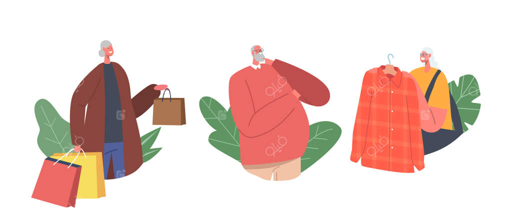 شخصیت‌های مسن خوشحال در حال خرید؛ آیکون‌ها یا آواتارهای سرگرم‌کننده: مفهوم فروش و تخفیف برای مردان و زنان مسن