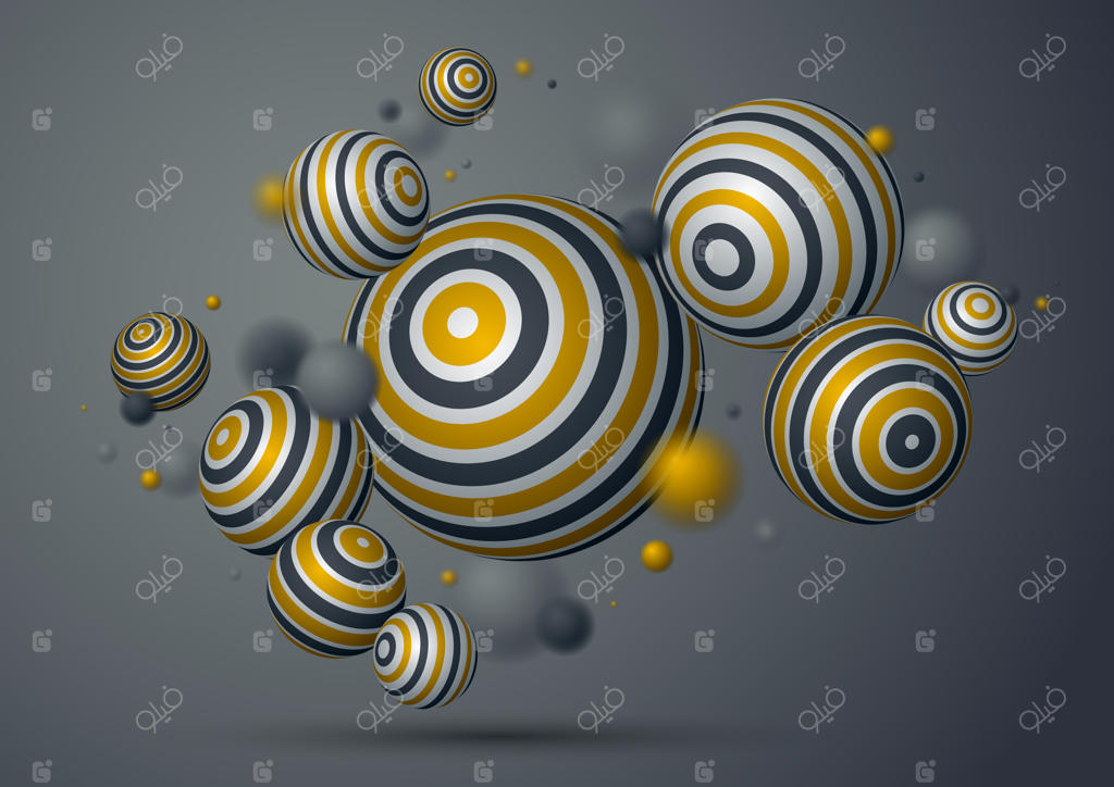 تصویرسازی وکتور کره‌های تزئینی و واقع‌گرایانه، پس‌زمینه‌ای انتزاعی با توپ‌های زیبا و طرح‌دار و اثر عمق میدان، هنر مفهومی طراحی کره‌های سه‌بعدی.