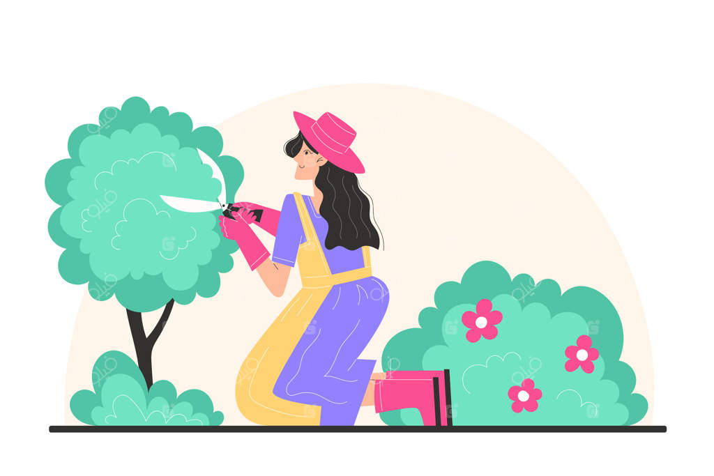 زن جوانی بوته‌های باغ را با قیچی باغبانی هرس می‌کند