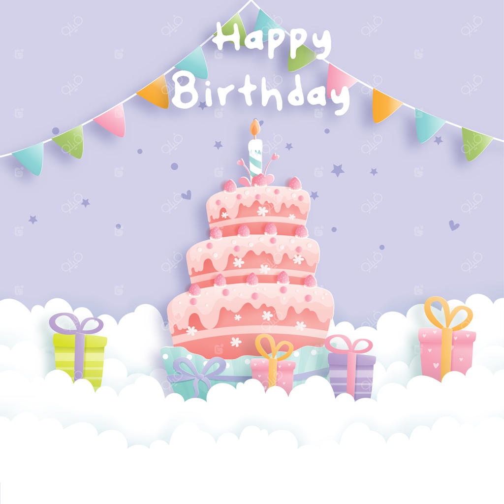 کارت تولد با کیک و جعبه‌های کادو.