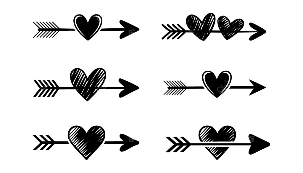 شش المان گرافیکی قلب و تیر مشکی با انتهای پردار، توپر یا هاشورزده در پس‌زمینه سفید