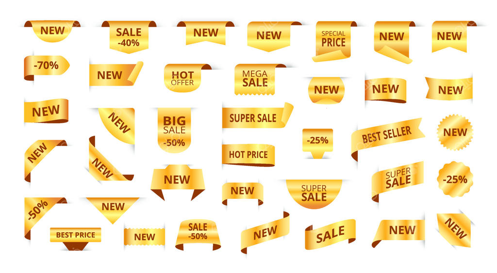 برچسب‌های طلایی: نوارهای جدید برچسب، استیکرهای فروش طلایی و نشان‌های تخفیف. مجموعه‌ای از بنرهای پیشنهادات ویژه