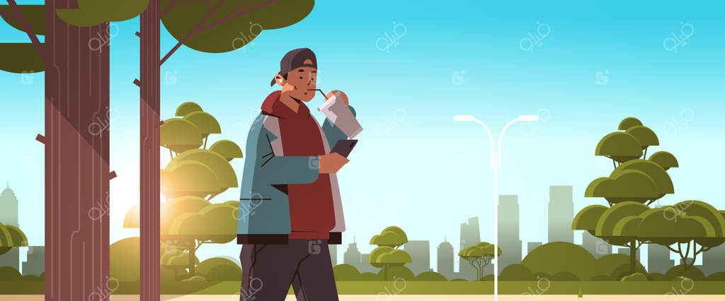 مردی که با نی قهوه می‌نوشد و در پارک شهری با گوشی هوشمند مشغول است: اعتیاد دیجیتال و ارتباطات اجتماعی