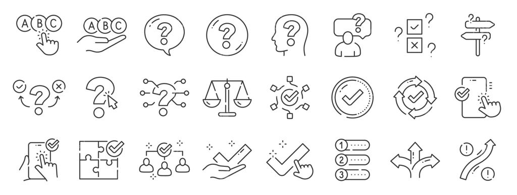 مجموعه آیکون‌های خطی مربوط به انتخاب: نظرسنجی، چک‌لیست، بازخورد، گزینه، قبول، فلش، مسیر و غیره. قابل ویرایش. مجموعه دوم