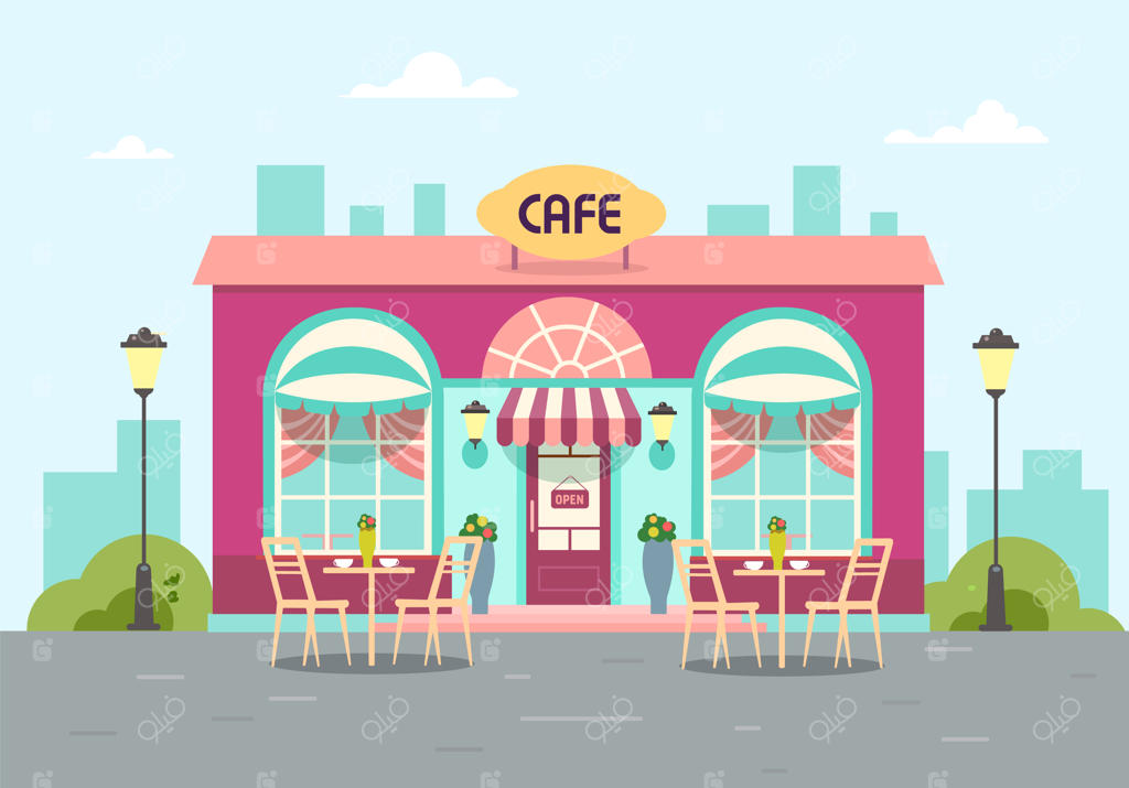 این ساختمان یک کافه تابستانی شیک در شهر با میز است.