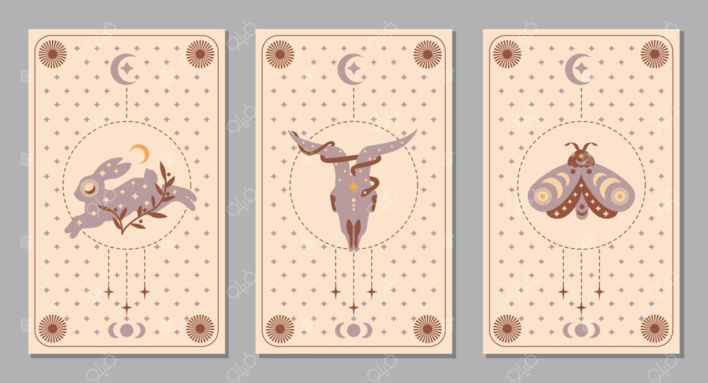 پوستر ست عارفانه بوهو با حیوانات و نمادها: ماه، شاپرک، خرگوش، بز، مار و ستاره برای کارت تاروت. تصویرسازی تخت جادویی به سبک وکتور. نشانه‌های مینیمالیستی مدرن برای طراحی لوازم آرایشی و پس‌زمینه.