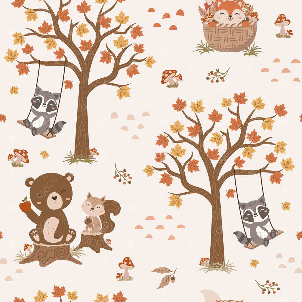 پترن یکپارچه حیوانات جنگلی زیبا با پس‌زمینه جنگل پاییزی - روباه کارتونی بامزه، راکون، خرس